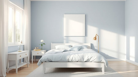 Modern bedroom interior with white walls, wooden floor, comfortable king size bed and white mock up poster. 3d renderingの写真素材
