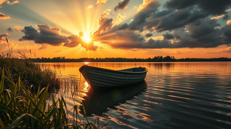 Fishing boat on the lake at sunset. Beautiful summer landscape.の写真素材