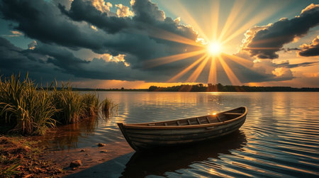 Sunset on the lake with a boat and grass in the foregroundの写真素材