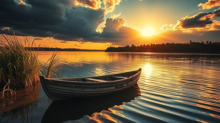 Fishing boat on the lake at sunset. Beautiful summer landscape.