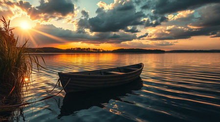 Fishing boat on a lake at sunset. Beautiful summer landscape.の写真素材