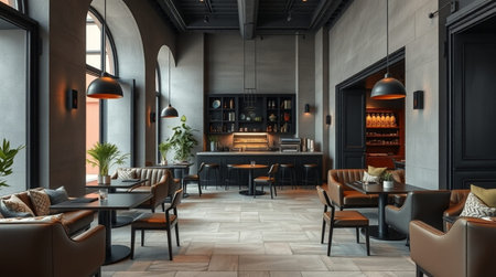 3d rendering interior of a restaurant with black walls and wooden floorの写真素材