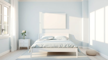 Modern bedroom interior with blank picture frame on the wall. 3D Rendering