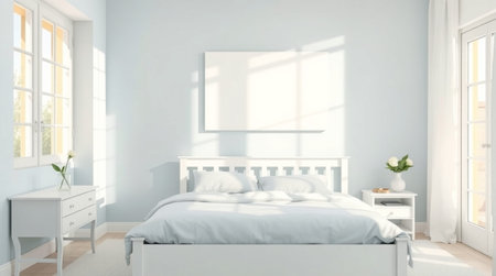 3d rendering of white bedroom with white bed and poster on wallの写真素材