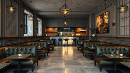3D rendering of a vintage bar and cafe interior with brick floorの写真素材