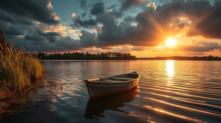 Boat on the lake at sunset. Dramatic sky with clouds.