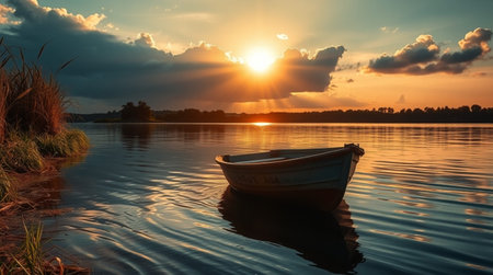 Fishing boat on the lake at sunset. Beautiful summer landscape.