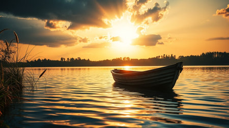 Fishing boat on the lake at sunset. Beautiful nature background.の写真素材