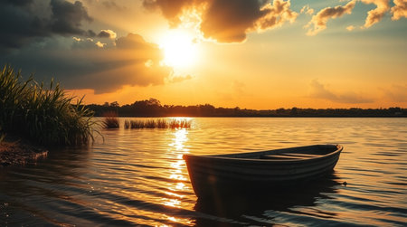 Sunset on the lake with a boat in the foreground. Landscape