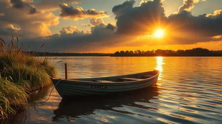 Fishing boat on the lake at sunset. Beautiful nature landscape.