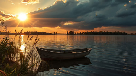 Sunset on the lake in the summer with a boat and grass