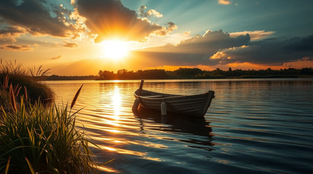 Fishing boat on the lake at sunset. Beautiful summer landscape.の写真素材