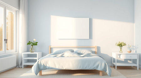 Bedroom interior with blank poster on the wall. 3d render