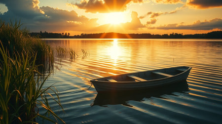 Fishing boat on the lake at sunrise. Beautiful summer landscape.