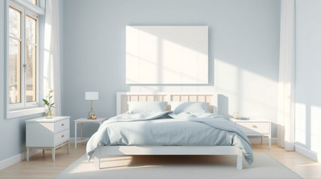 Modern bedroom with white walls, wooden floor, comfortable king size bed and vertical mock up poster...