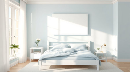 modern bedroom with blank poster on wall, 3d render illustration mock up