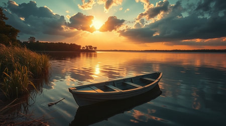 Boat on the lake at sunset. Beautiful summer landscape with boat.の写真素材