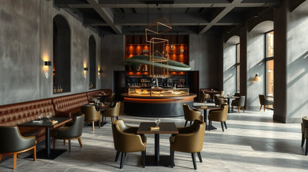 Interior of a modern restaurant with brown furniture, 3d render