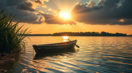 Sunset on the lake with a boat in the foreground and grass
