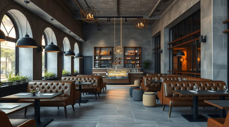 3D rendering of a restaurant interior with brown leather sofas