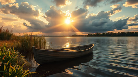 Fishing boat on the lake at sunset. Beautiful summer landscape.の写真素材