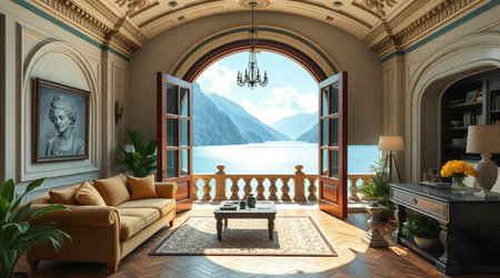 Interior of the room with a lake view. 3D rendering