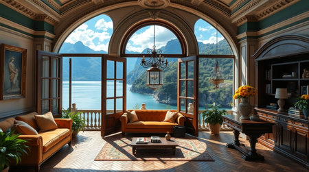 Luxury living room with a view of lake and mountain