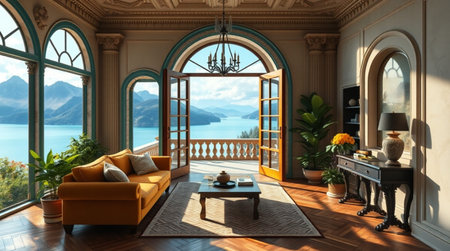 Cozy living room with view of lake and mountains, 3d render
