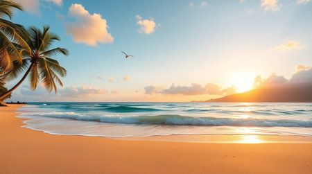 Tropical beach with palm trees at sunset. Seascape background
