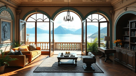 Interior of a living room with a view of the lake. 3d render