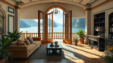 3D render of a luxurious living room with a beautiful view.
