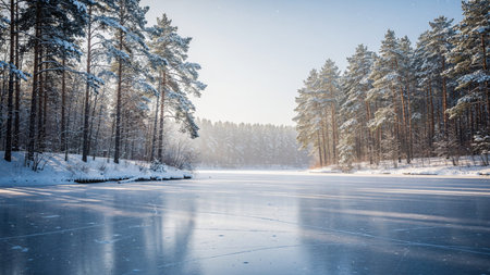Frozen lake in the winter forest at sunset. Beautiful winter landscape.