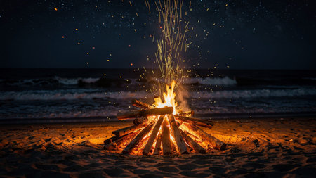 Bonfire on the beach at night with stars in the sky.