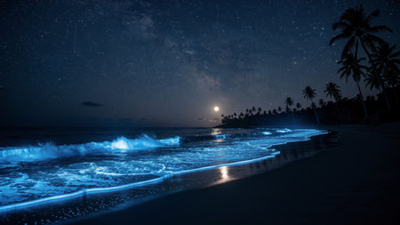 Beautiful night view of tropical beach with starry sky and moon