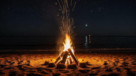 Bonfire on the beach at night with stars in the sky.