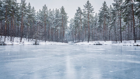 Frozen lake in the winter forest. Beautiful winter landscape with ice.