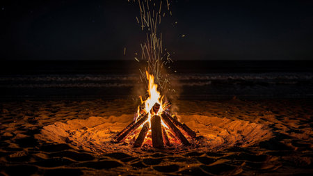 Bonfire on the beach at night. Camping on the beach.