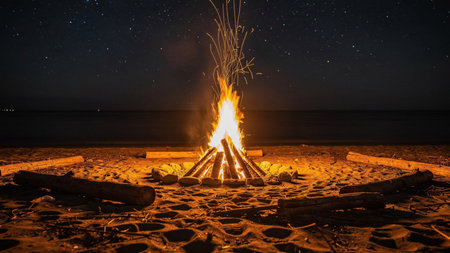 Bonfire on the beach at night with stars in the background.