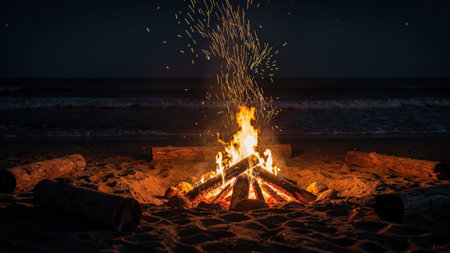 Bonfire on the beach at night. Camping by the sea.
