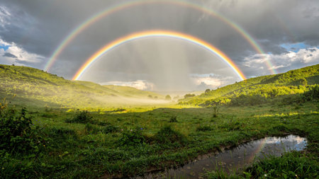 Rainbow over the meadow in the morning at Doi Inthanon, Chiang Mai, Thailand