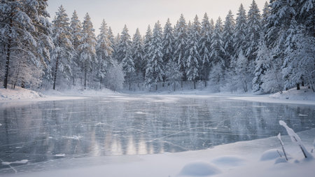 Winter landscape with frozen lake and coniferous forest in the background