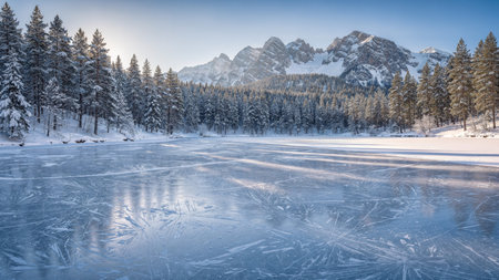 Beautiful winter landscape with frozen lake, forest and mountains in the background