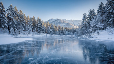 Beautiful winter landscape with frozen lake and pine trees in the mountains