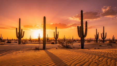 Saguaro National Park, Arizona, USA. Sunset over Saguaro Cactus.