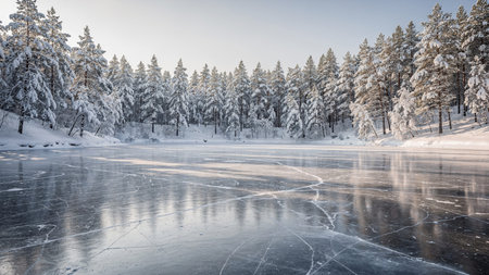 Frozen lake in the winter forest. Beautiful winter landscape with frozen lake.
