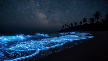Beautiful view of the Milky Way over the ocean. Tropical beach at night.