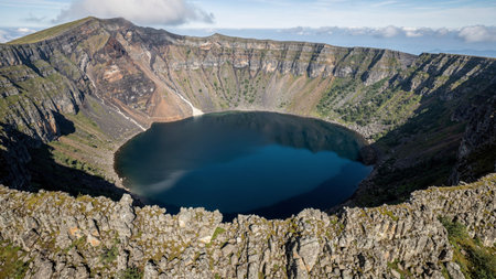 Crater lake in the crater of the volcano of Quilotoa, Ecuador