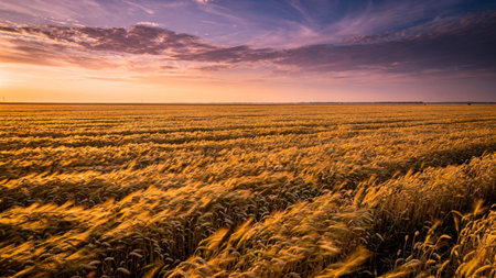 Sunset or sunrise in an agricultural field with ears of golden rye