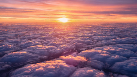 Sunset over the clouds. View from the window of an airplane.