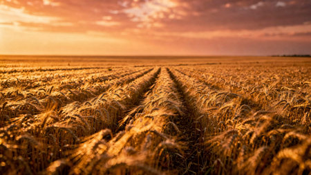 Sunset over wheat field in summer. Beautiful rural landscape. Rural scene.